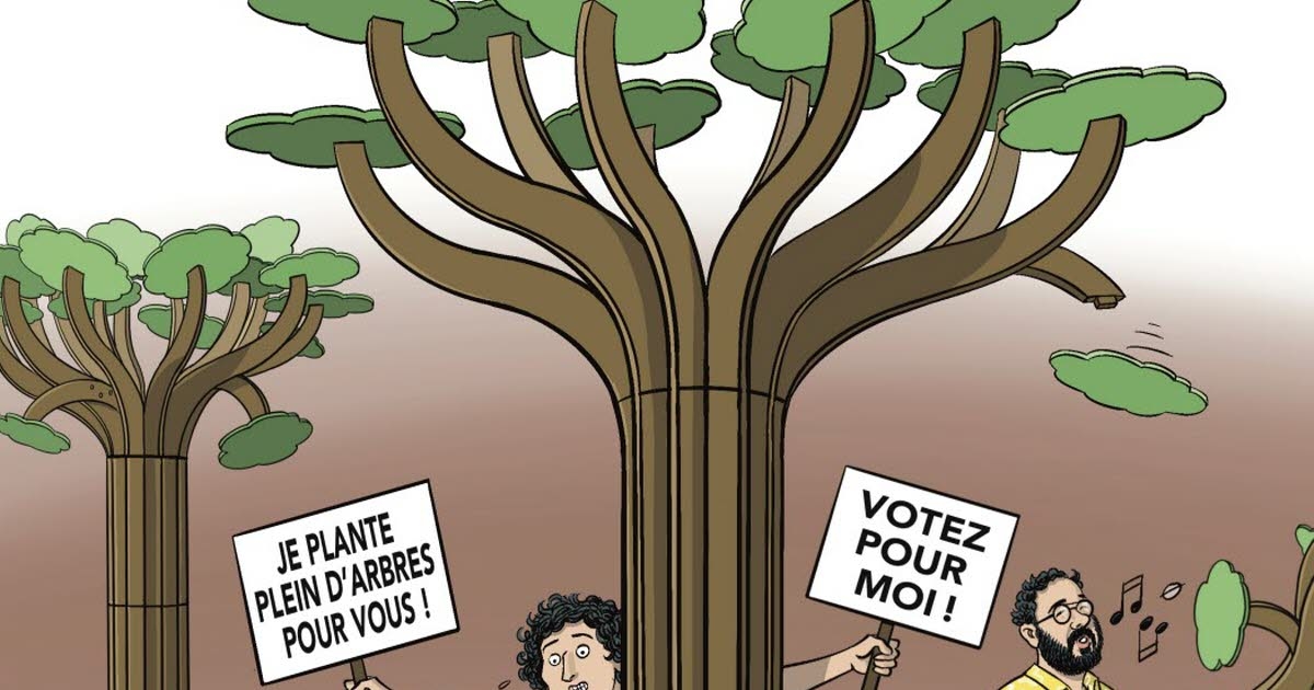 Strasbourg. Drawing of the week by Yannick Lefrançois: kit trees and Jeanne Barseghian, candidate