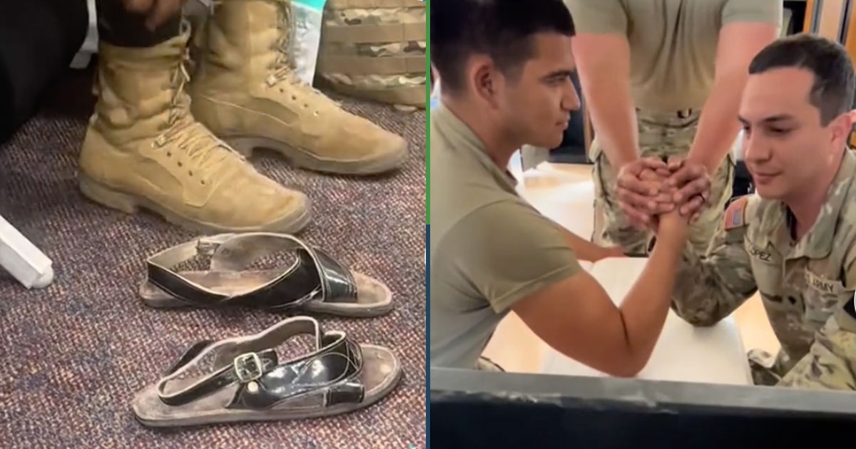Un messicano mostra i suoi huaraches da soldato dell'esercito degli Stati Uniti
