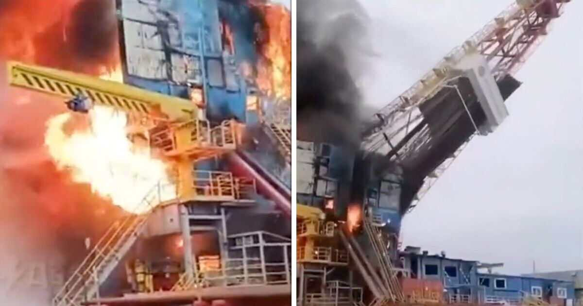 Rusia en llamas tras el colapso de una plataforma petrolera: mira el momento en que se derrumba.