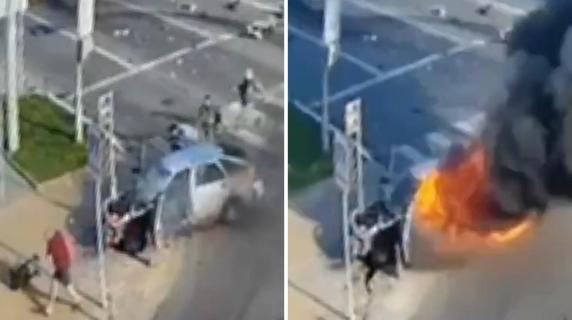 De drone stortte neer op de auto in Belgorod. De explosie en de ontsnapping. Video.