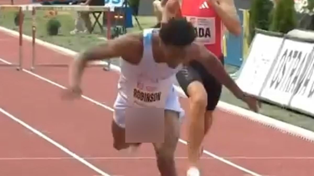 Watch the awkward moment US sprinter has a wardrobe malfunction... but still manages to save first place
