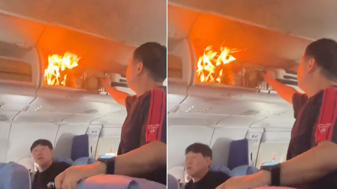 Паника в самолете! Ручная кладь внезапно вспыхнула.