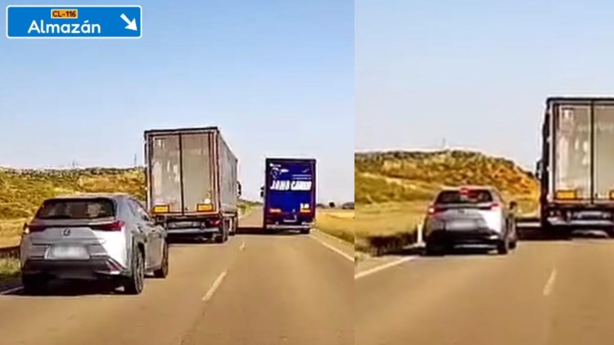 A série de manobras imprudentes de um carro e um caminhão em uma estrada de Soria que escapam por pouco de um acidente: "Que perigo! Os dois estão fazendo errado."